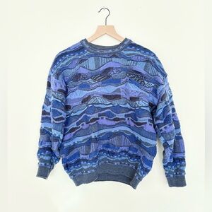 vtg coogi style sweater - 100% wool - blue patchwork knit texture - S EUC